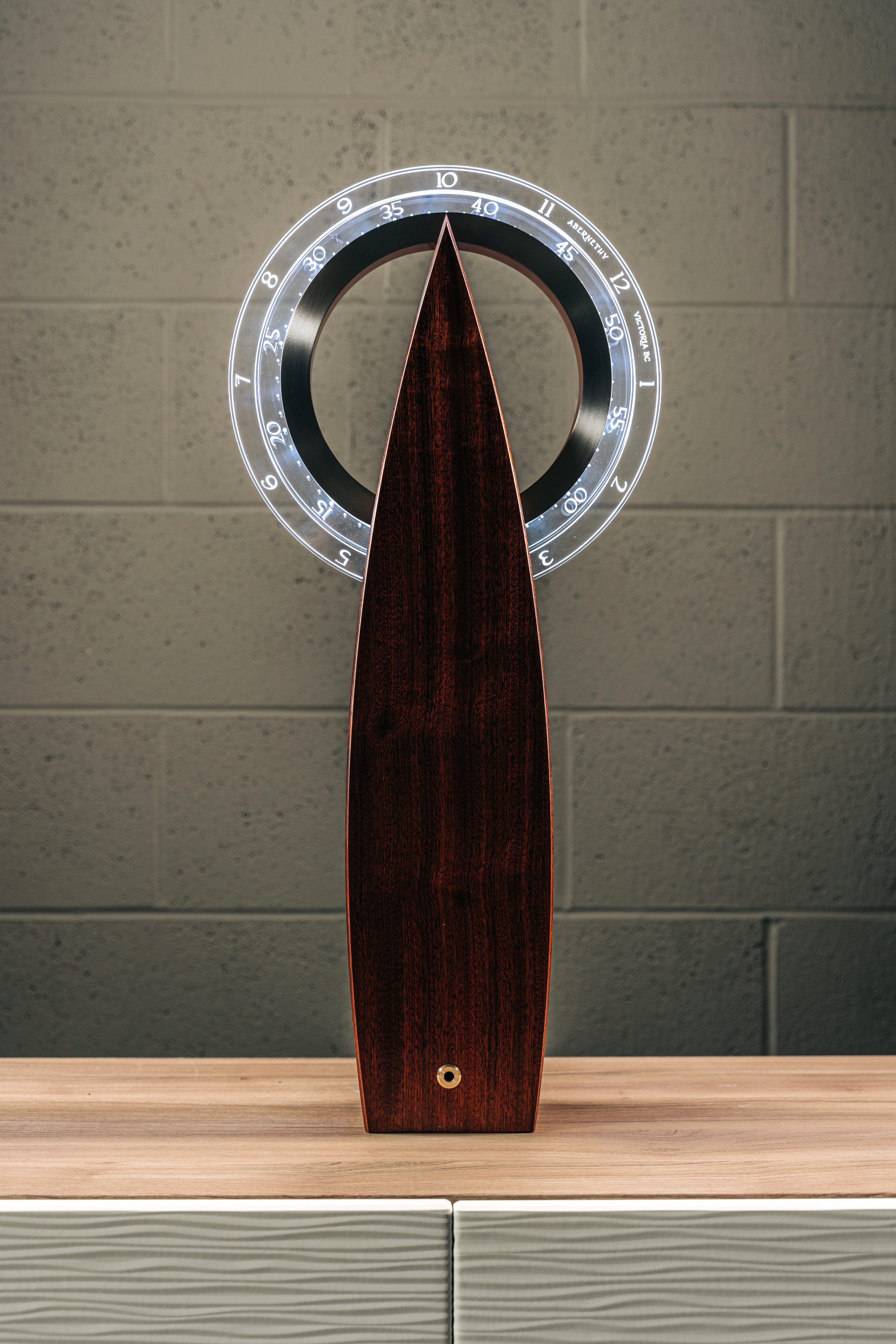   Arrow of Time , 2020. Sapele wood, acrylic and LED lighting, 28 x 8.5 x 61 cm. Photo: Jon Mark Photography. 