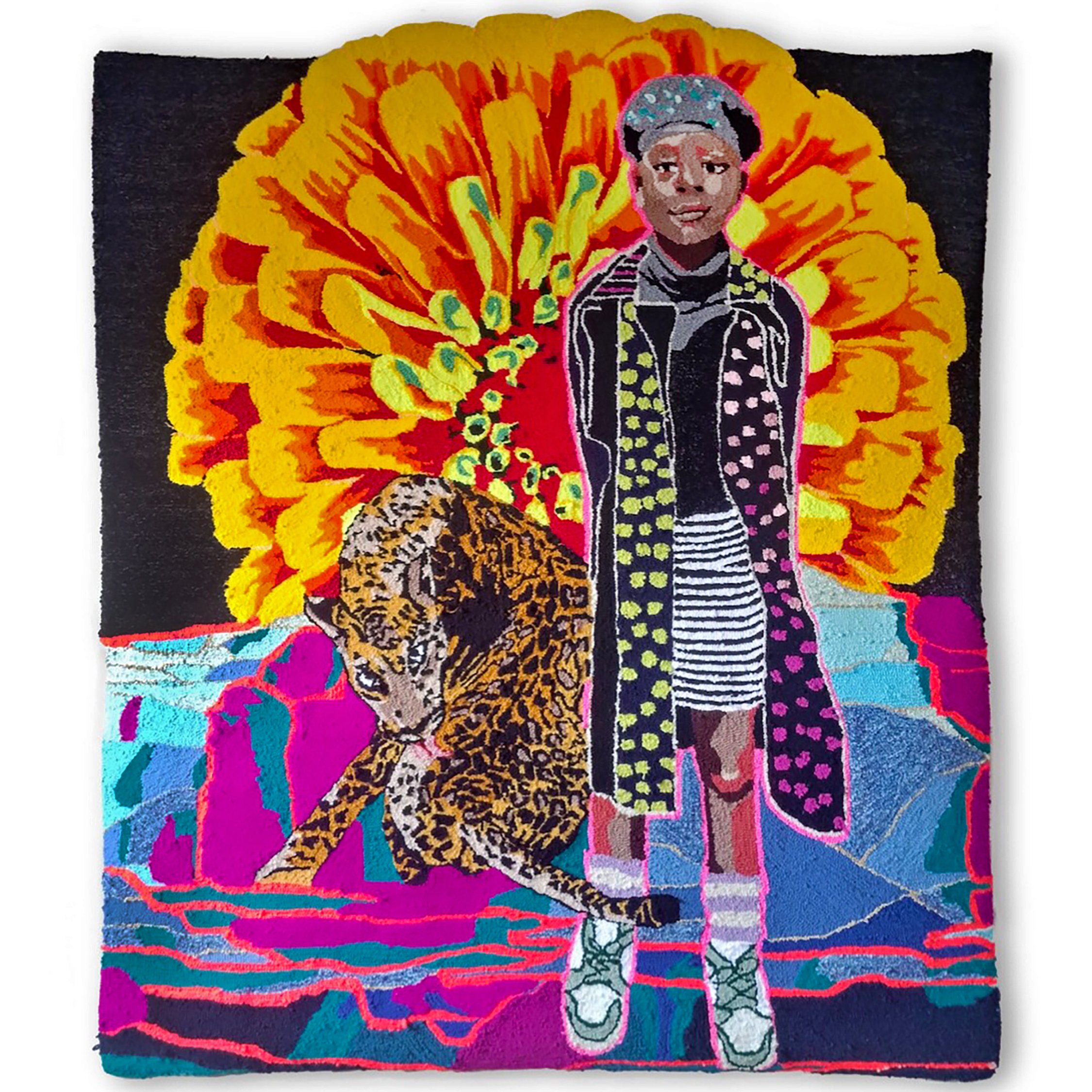   She Grows , 2020, Hand-tufted velvet and acrylic yarn on rug warp, 160.02 x 134.62 x 1.5 cm. Courtesy of the artist. 