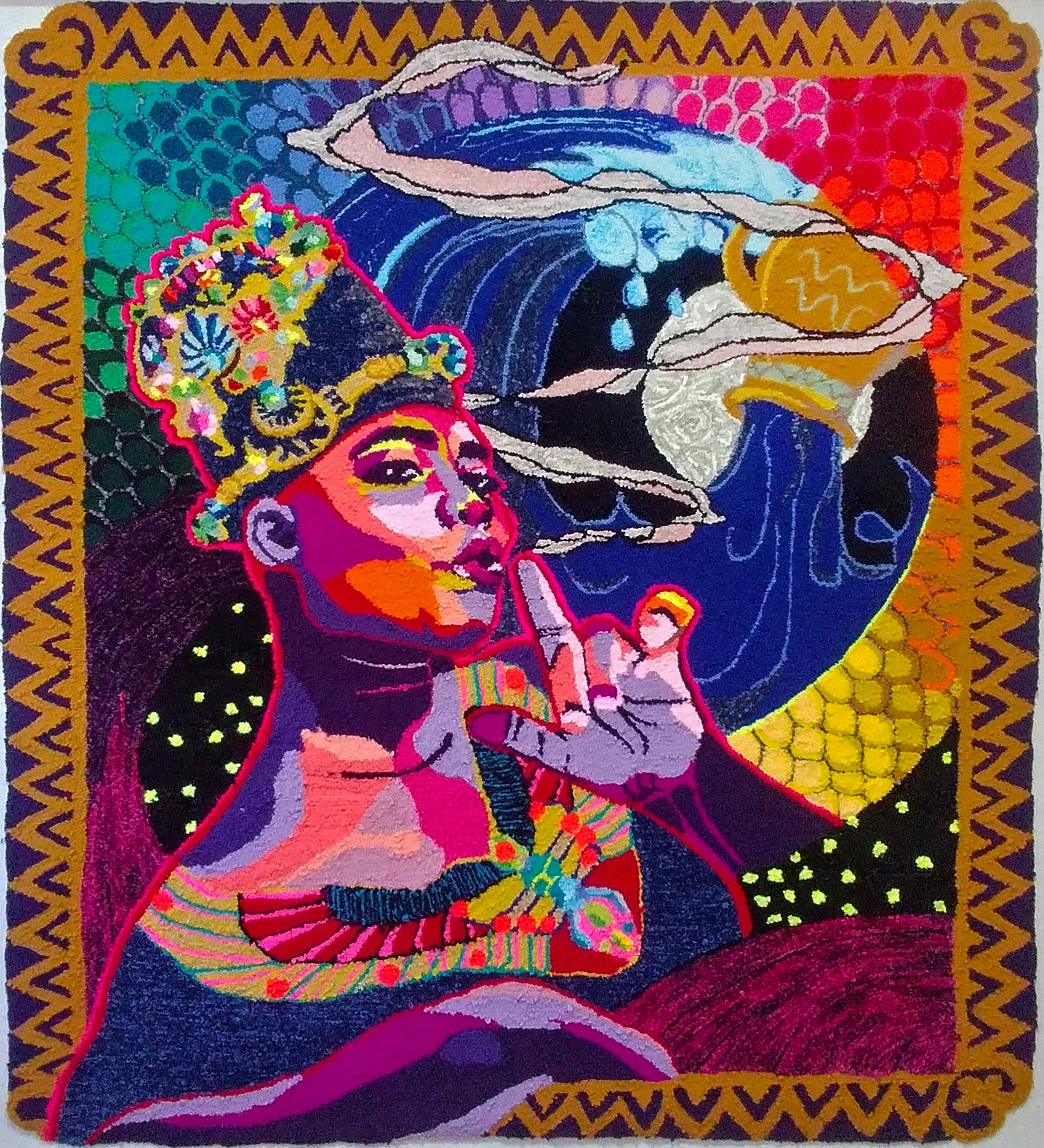   She Summons , 2020, Hand-tufted velvet and acrylic yarn on rug warp, 162.56 x 147.32 x 1.5 cm. Courtesy of the artist. 
