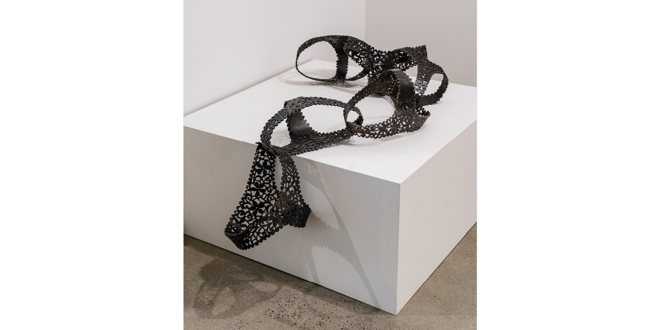   Pantie Chain , 2018. Plasma cut steel, 22.9 x 165.1 x 20.3 cm. Photo: Regina Urazaeva. COURTESY OF THE ARTIST. 