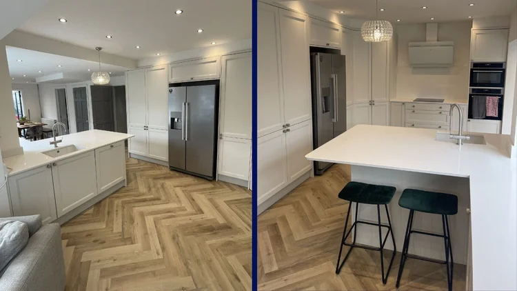 Large open plan kitchen with herringbone flooring