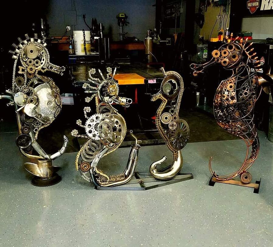 Old pic but good one. Several of the original seahorse collection #metalsculpture #metalart #sculpture #sculpturecollection