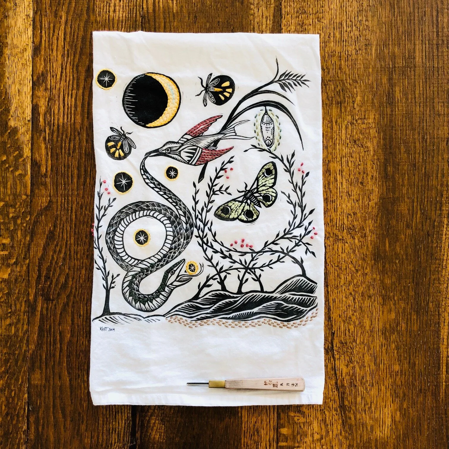 Wild Magic embroidered tea towel 1