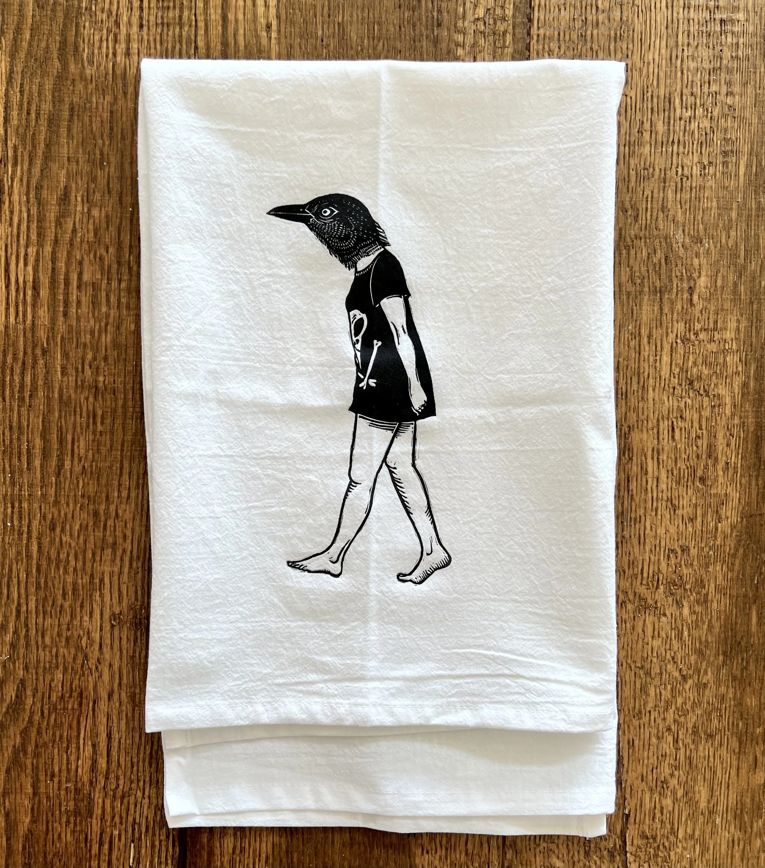 Grackle Lady block print tea towel