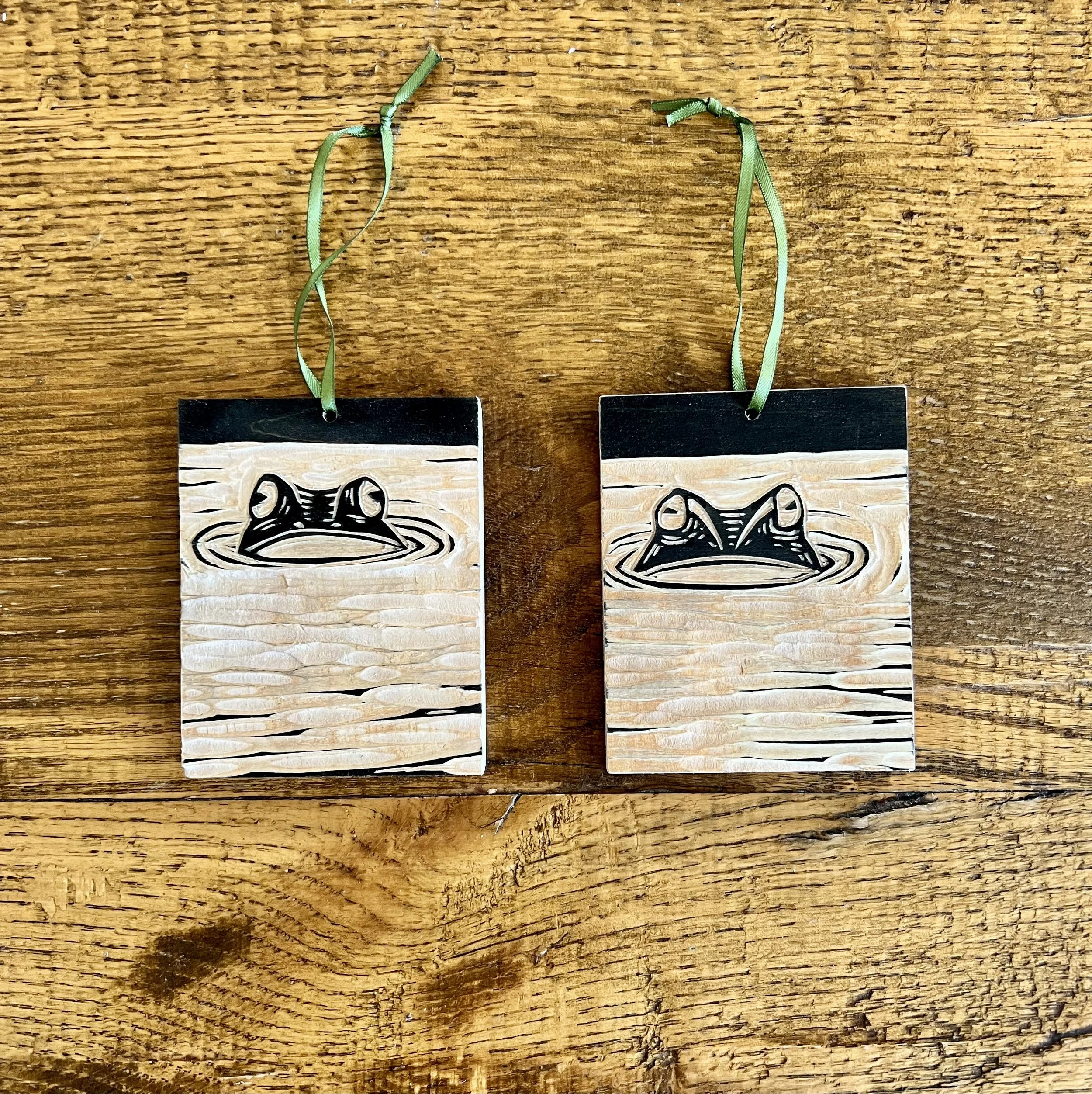 Frog woodcut ornaments