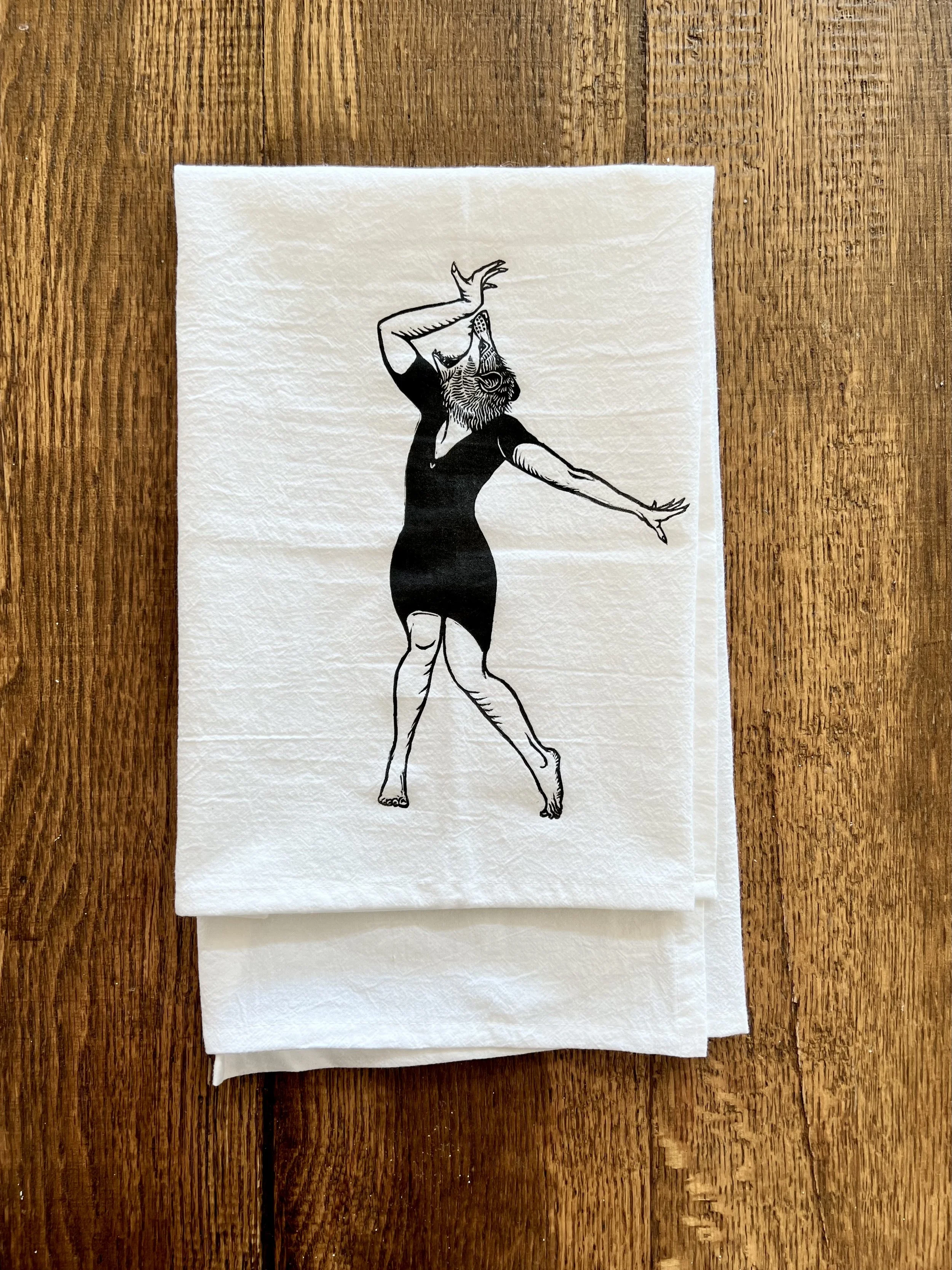 Opossum Lady block print tea towel