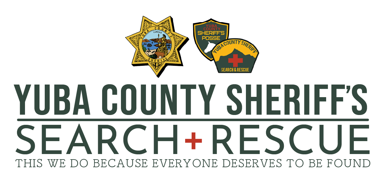 Yuba County Sheriff's Search and Rescue logo with badges and a tagline that reads, "This we do because everyone deserves to be found."