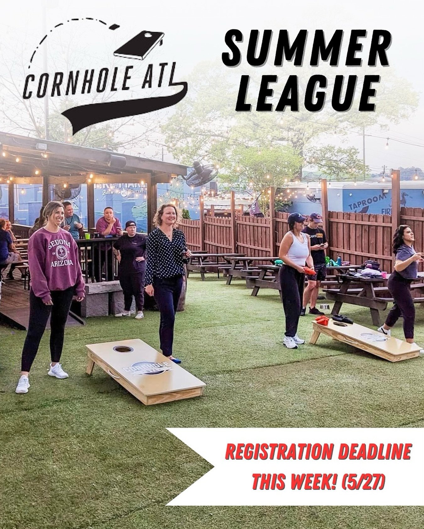 Registration deadline this week‼️

Make cornhole your new Summer hobby ☀️ with @cornholeatl Summer League at Fire Maker! 

Starting Monday June 3rd, experience 7 weeks of cornhole play with friends and family! Set up your team and register at the lin