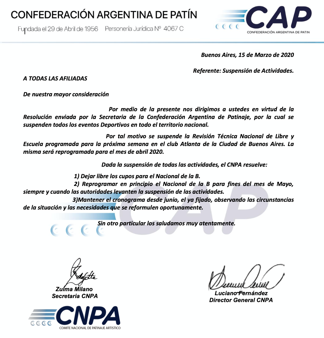 REPROGRAMACIÓN DE PRÓXIMOS EVENTOS DE PATÍN ARTÍSTICO