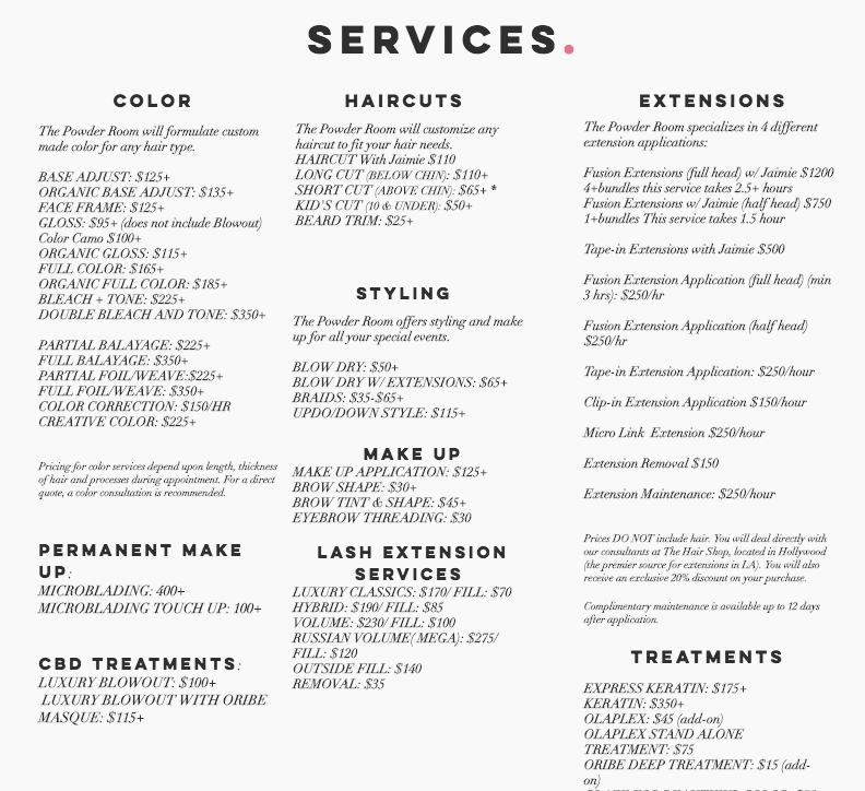 The Powder Room ’s Service and Price List page categorizes every type of service.