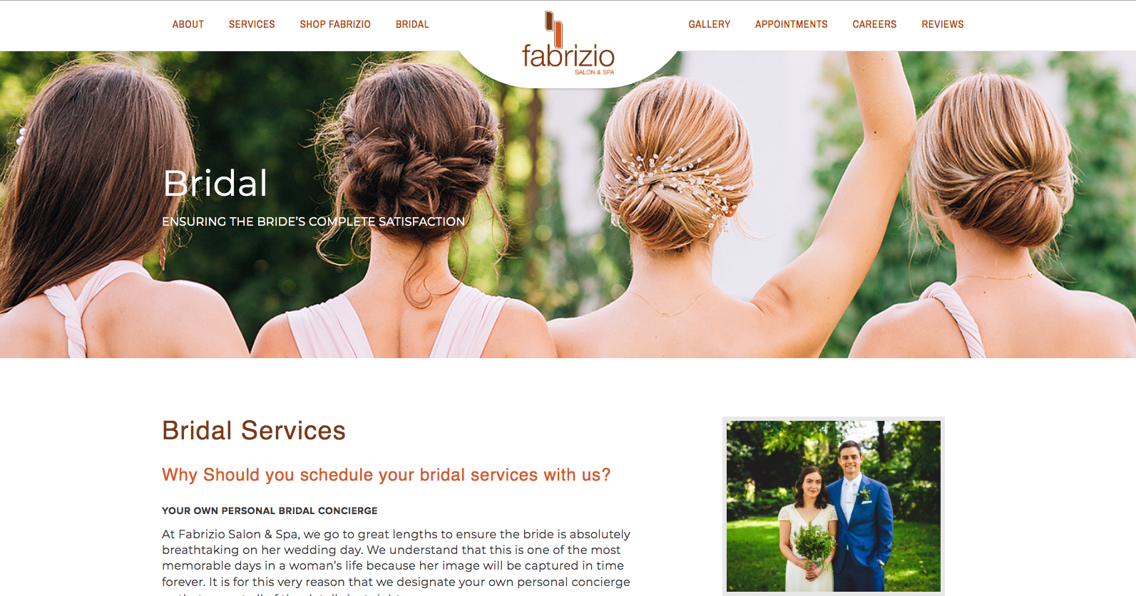 Fabrizio Salon & Spa dedicates a page to their bridal services.