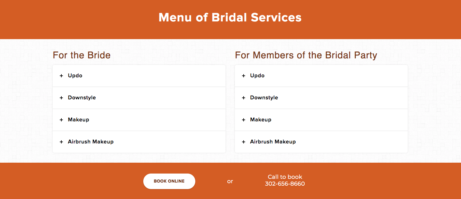 Fabrizio Salon also breaks down pricing for each bridal service and places a call to action to book.