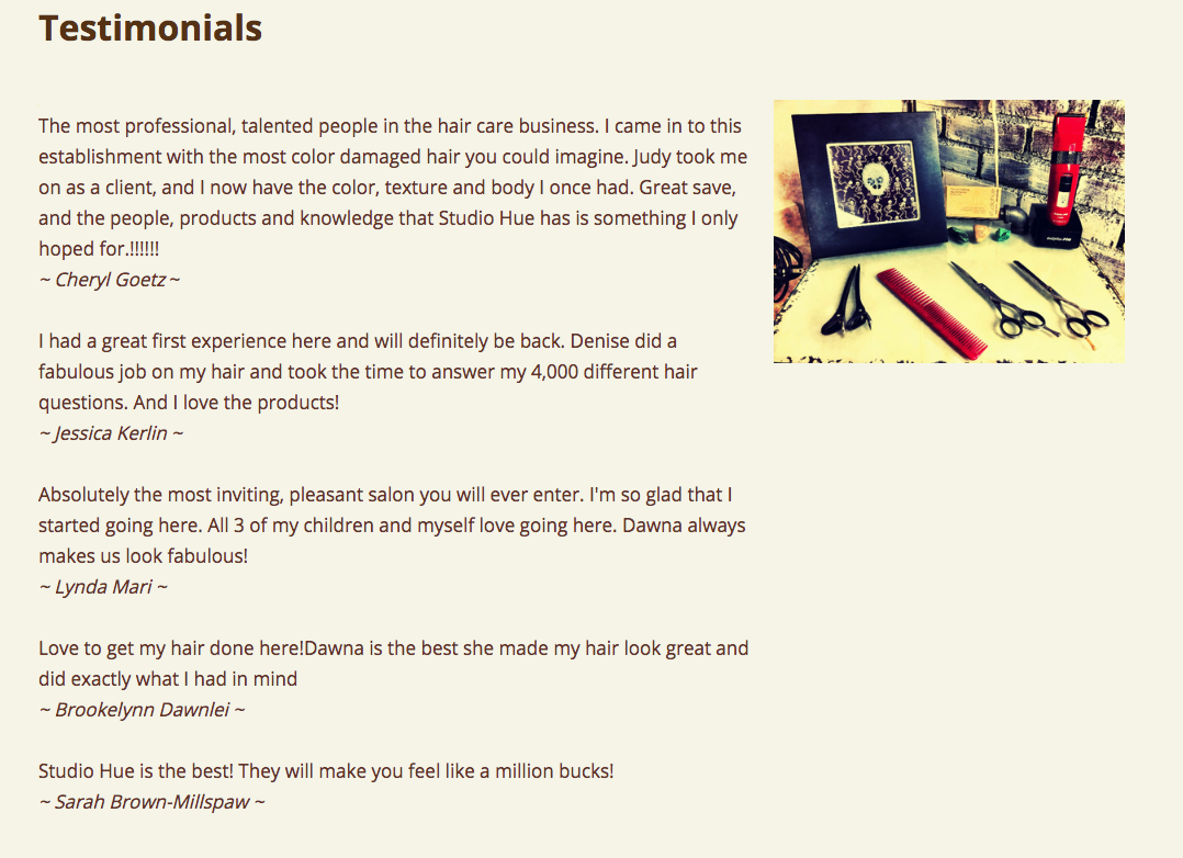 Studio Hue Salon has a page showing off the testimonies of satisfied customers.