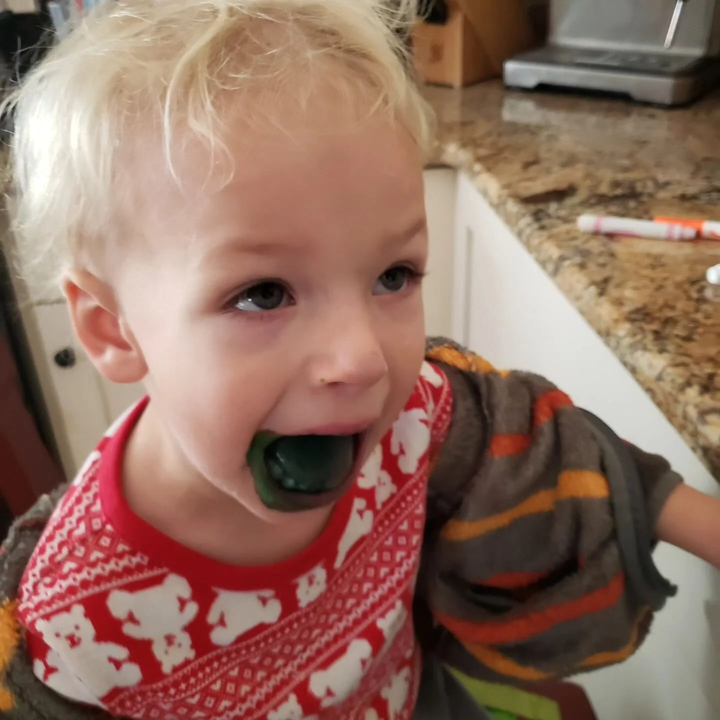 I'm not sure if graduating from eating crayons to eating tips of markers is a step in the right direction.