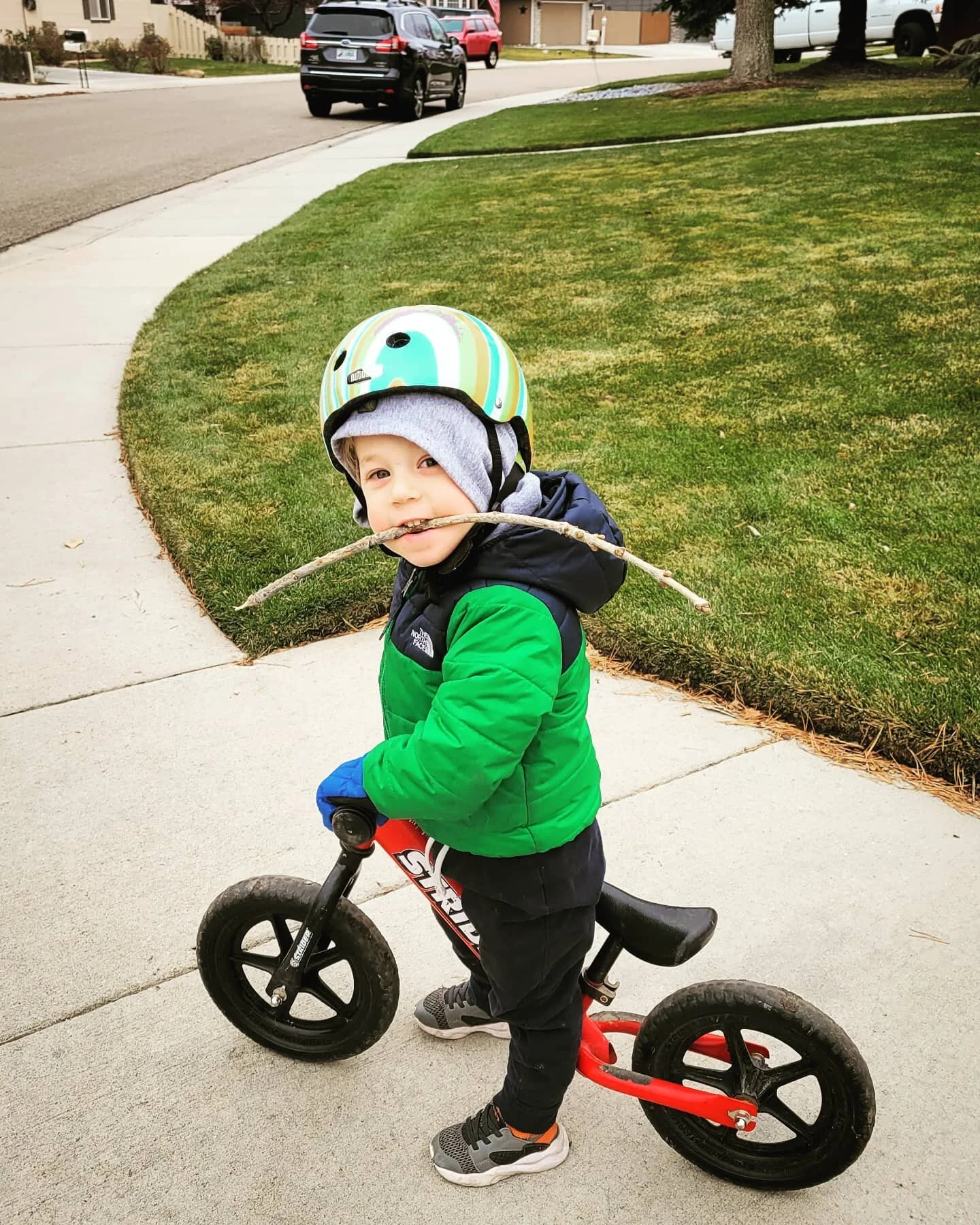 I told him he can't carry the stick and safely hold the bars at the same time. He proved me wrong.