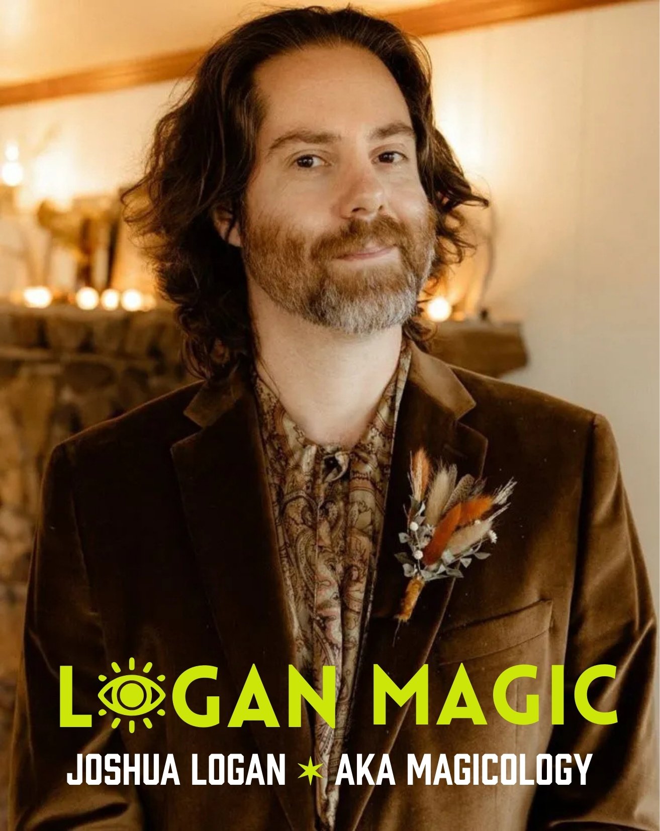 Portrait of magician Joshua Logan, aka Magicology, with the Logan Magic logo