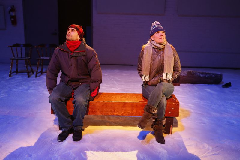 John Cariani and Kelly McAndrew in “The Prologue” from the first Off-Broadway revival of ALMOST, MAINE by John Cariani, directed by Jack Cummings III, produced by Transport Group (Jack Cummings III, at the Gym at Judson, 2014. Photo courtesy Carol Rosegg.