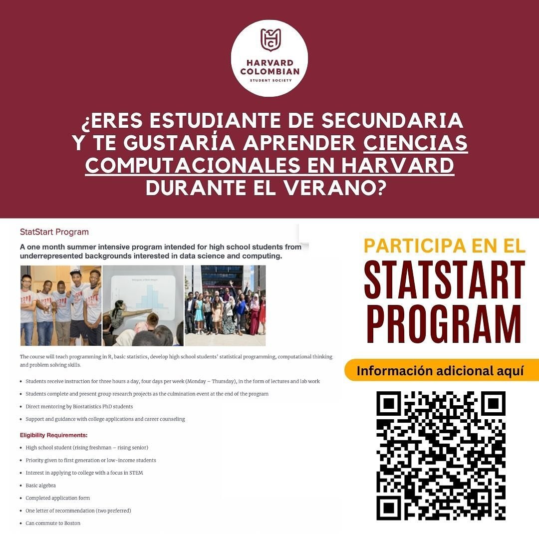 🌟 &iquest;Eres estudiante de secundaria o conoces a alguno que quiera explorar el mundo de la estad&iacute;stica y la programaci&oacute;n este Verano en la Universidad de Harvard? &iexcl;#StatStart es tu oportunidad! 📊🖥️ 

👨&zwj;🏫 &iquest;Qu&eac