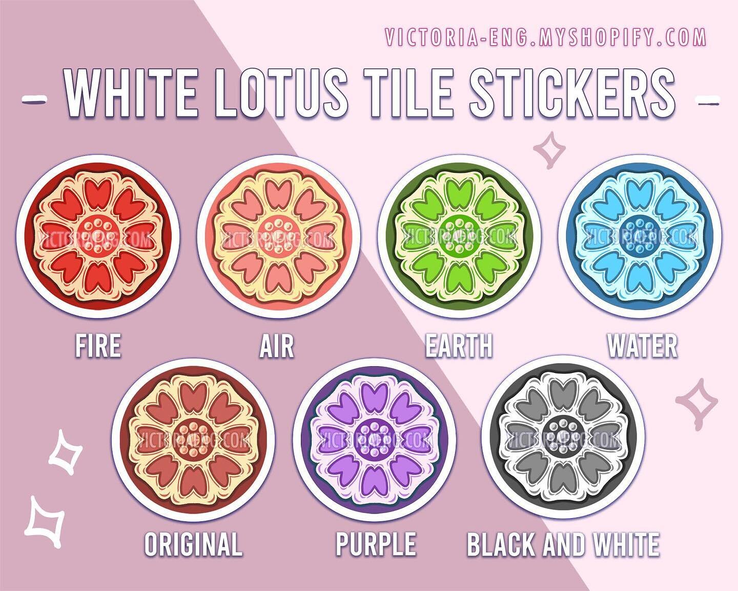 My new White Lotus Tile stickers are here 🌸✨ 
Swipe for some closeup detail! Top row features the Lotus Tiles in the 4 nation&rsquo;s colors, and bottom row has the original coloring along with a purple and black and white. They&rsquo;re scratch pro