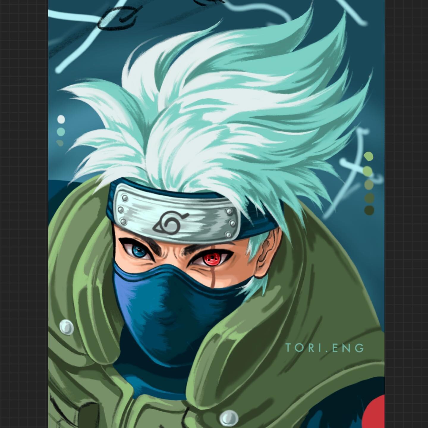 Color update on my Kakashi piece! Zoom in for that eye detail 👁 Drawing his hair was so much fun (FYI love making hair art!) Since my style is more line based, hair always seemed like the perfect substance that would just flow when I draw 💁🏻&zwj;♀