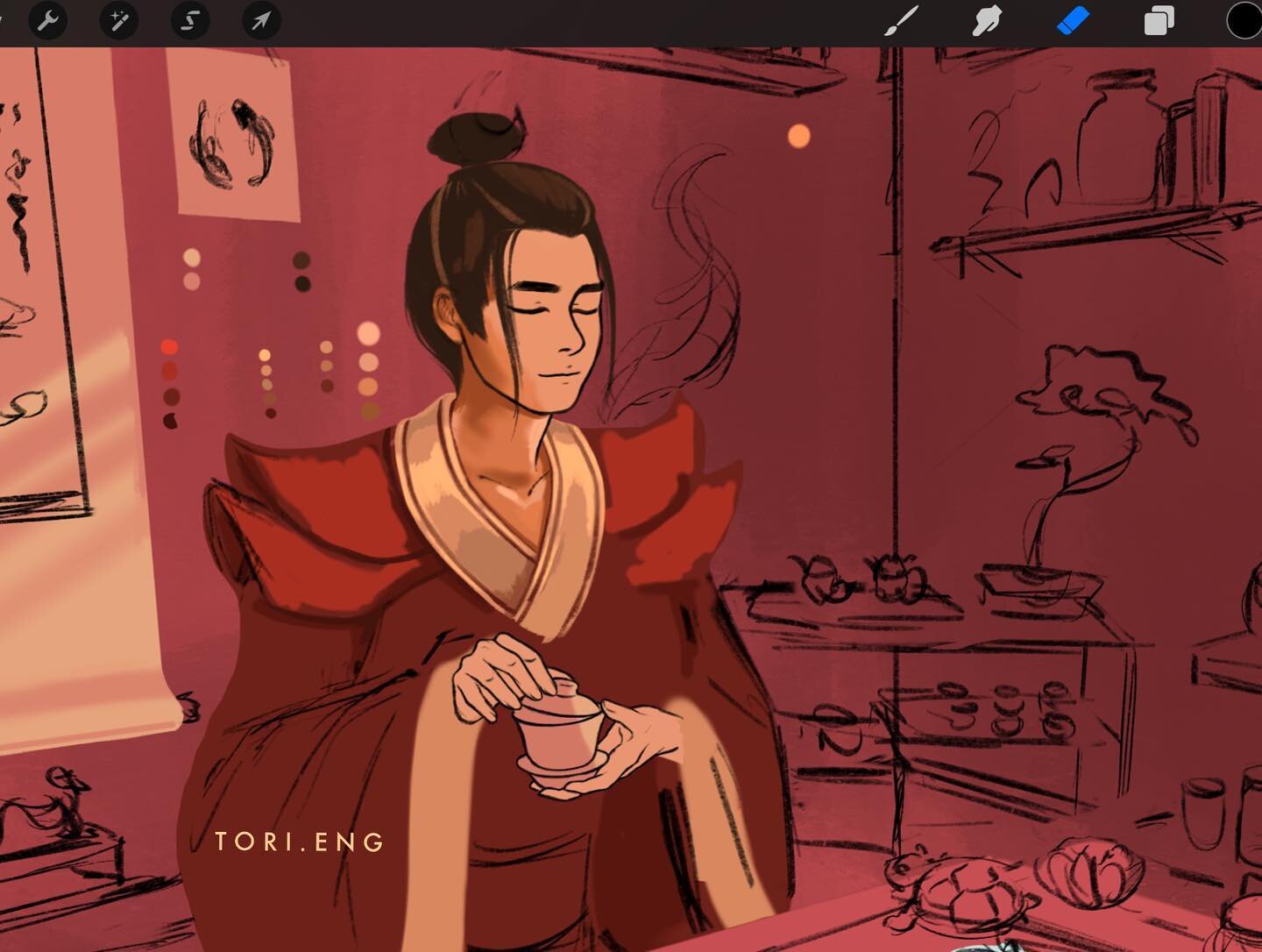 Swipe for some progress shots from black and white sketches to rough colors! I am loving how much mood this piece has, it&rsquo;s a commission for a young General Iroh learning all about teas 🍵💕 It&rsquo;s definitely the most environment / backgrou