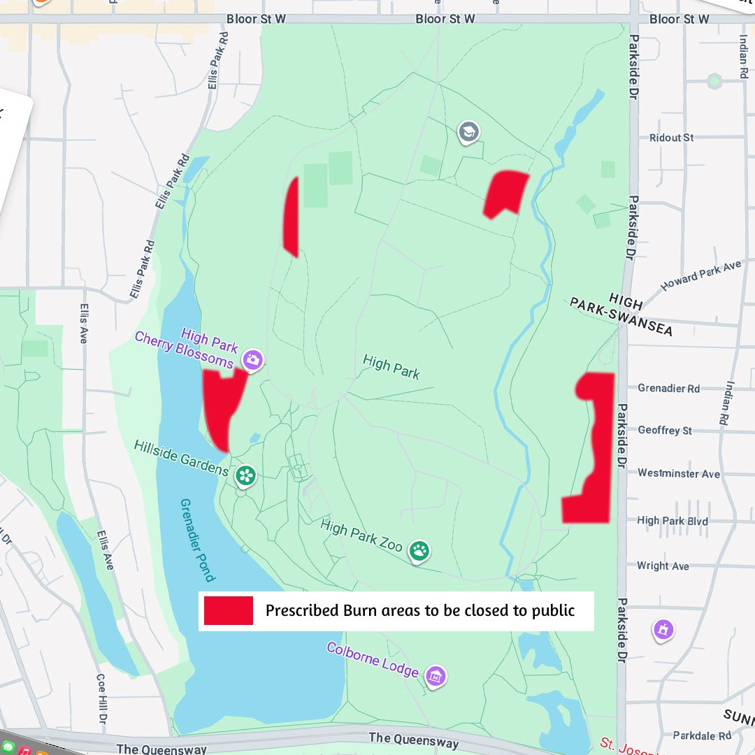 Notice - April 23, 2026 will be the Prescribed Burn in High Park

High Park will be closed to vehicles at 6:00 a.m. and will reopen in the early evening, after the burn is complete. The prescribed burn ignition will occur at approximately 11:30 a.m. 