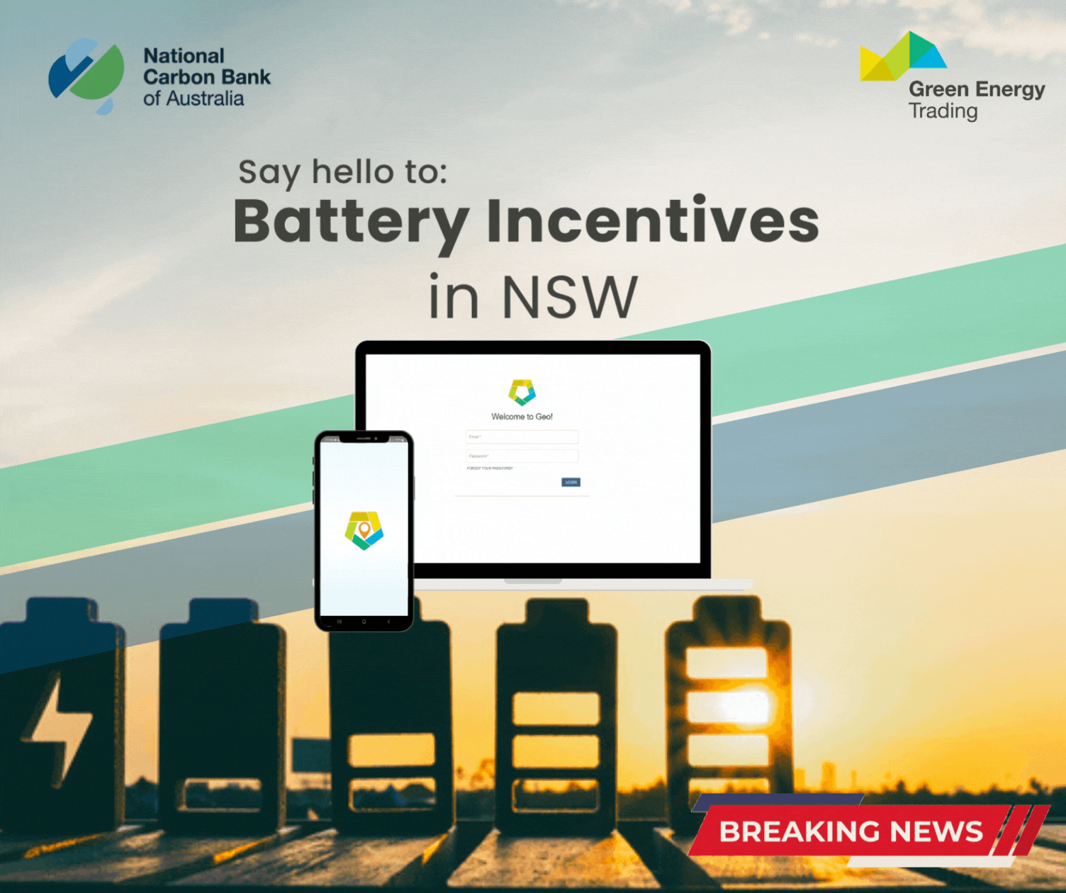 Announcement of battery incentives in NSW by National Carbon Bank of Australia and Green Energy Trading with a laptop and smartphone displaying a login screen.