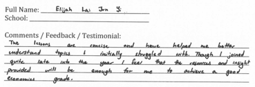Handwritten ETG economics student testimonial, 2015
