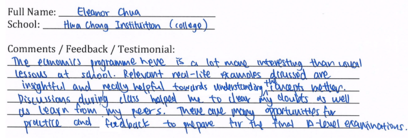 Handwritten ETG economics student testimonial, 2014