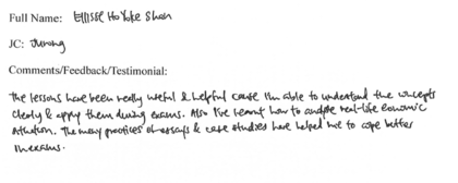 Handwritten ETG economics student testimonial, 2008