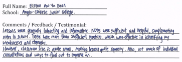 Handwritten ETG economics student testimonial, 2014