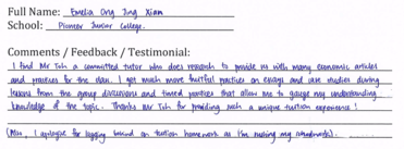 Handwritten ETG economics student testimonial, 2014