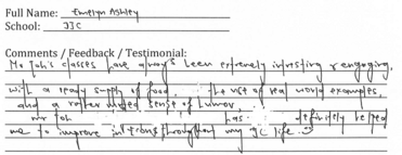 Handwritten ETG economics student testimonial, 2015