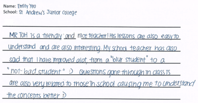 Handwritten ETG economics student testimonial, 2015