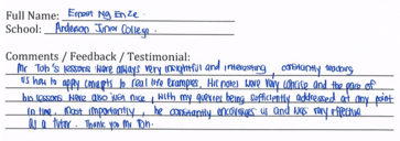 Handwritten ETG economics student testimonial, 2015