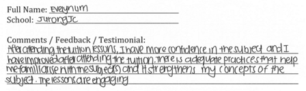 Handwritten ETG economics student testimonial, 2011