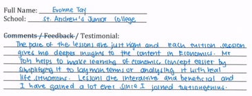 Handwritten ETG economics student testimonial, 2014