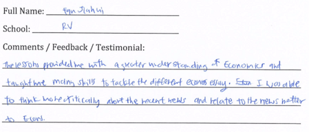 Handwritten ETG economics student testimonial, 2010