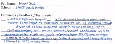 Handwritten ETG economics student testimonial, 2014