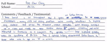 Handwritten ETG economics student testimonial, 2015