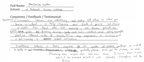 Handwritten ETG economics student testimonial, 2015