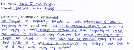 Handwritten ETG economics student testimonial, 2012