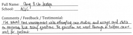 Handwritten ETG economics student testimonial, 2011