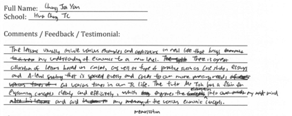 Handwritten ETG economics student testimonial, 2015