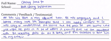 Handwritten ETG economics student testimonial, 2015