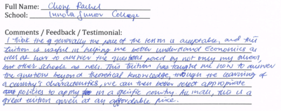 Handwritten ETG economics student testimonial, 2015