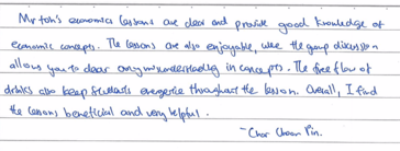Handwritten ETG economics student testimonial, 2012
