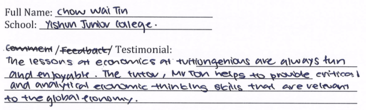 Handwritten ETG economics student testimonial, 2014