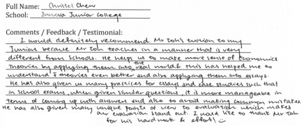 Handwritten ETG economics student testimonial, 2015