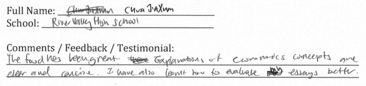 Handwritten ETG economics student testimonial, 2014